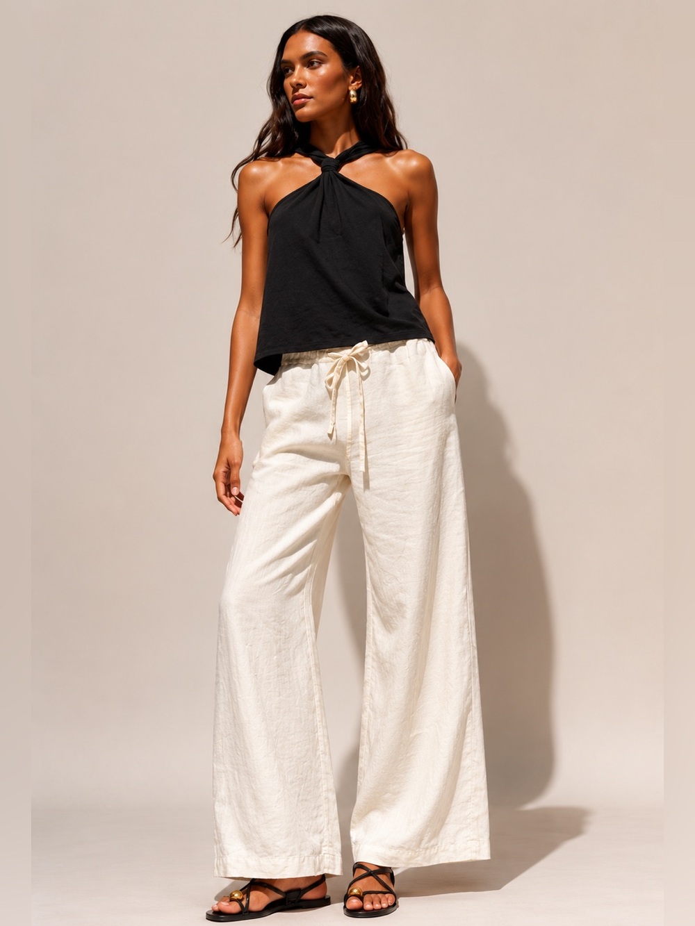 Nation LTD Lucia Tie Linen Pants XL NWT Porcelain White Lagenlook Wide Leg